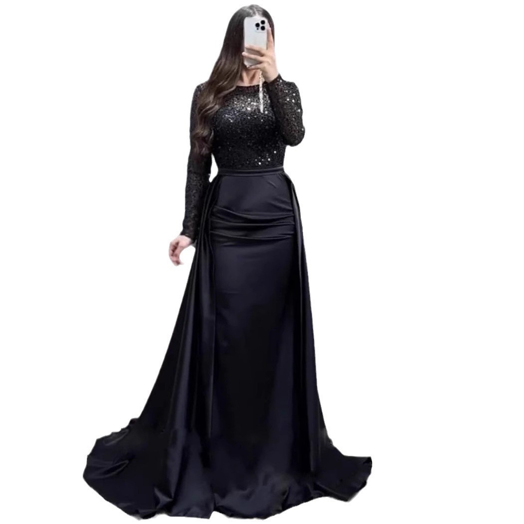 2025 Womens Banquet Long Sleeve Elegant Socialite Annual Meeting Host Queen Sequin Evening Dress
