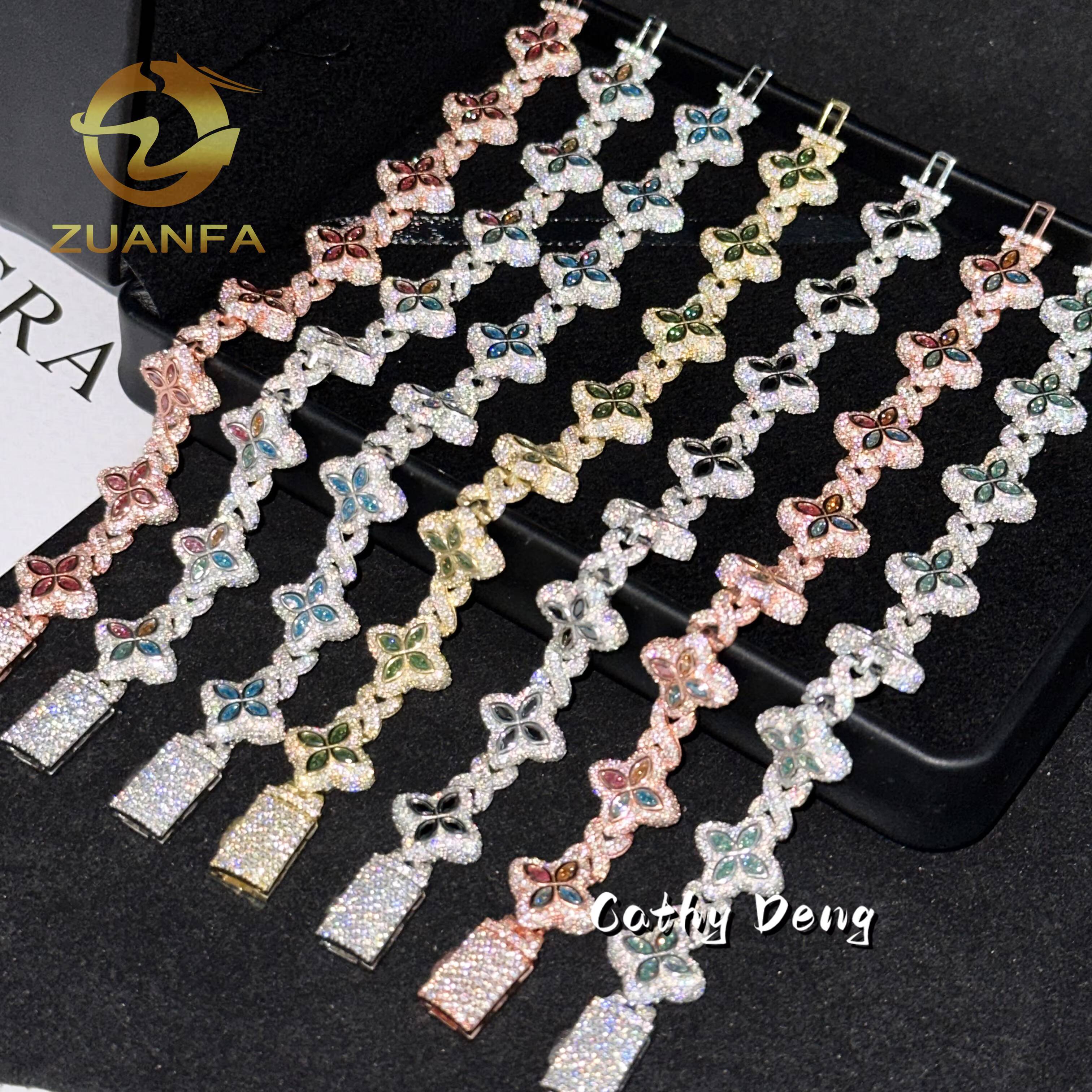 New Shamrock bracelet 15mm Marquise Flower Design Hip Hop Jewelry Iced Out Unisex Moissanite Cuban Link Chain 925 Silver Moissanite Bracelet