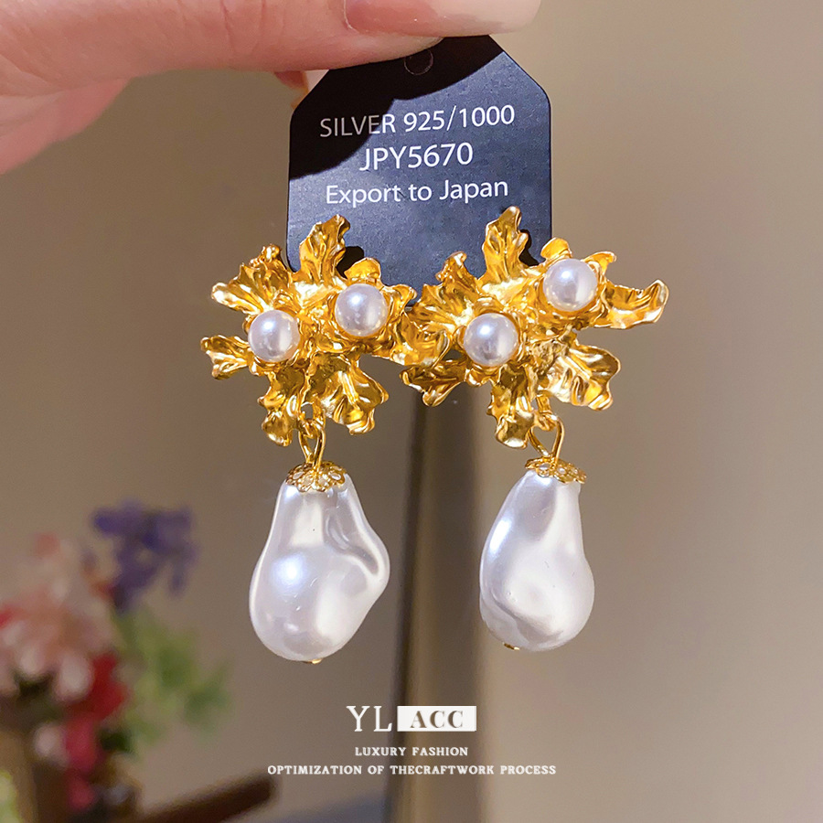 Gold Tone Floral Drop Earrings With Baroque Pearl & Round Pearl Detail Vintage Elegant Style Formal & Special Occasion Wear Gift For Her Luxury Jewelr