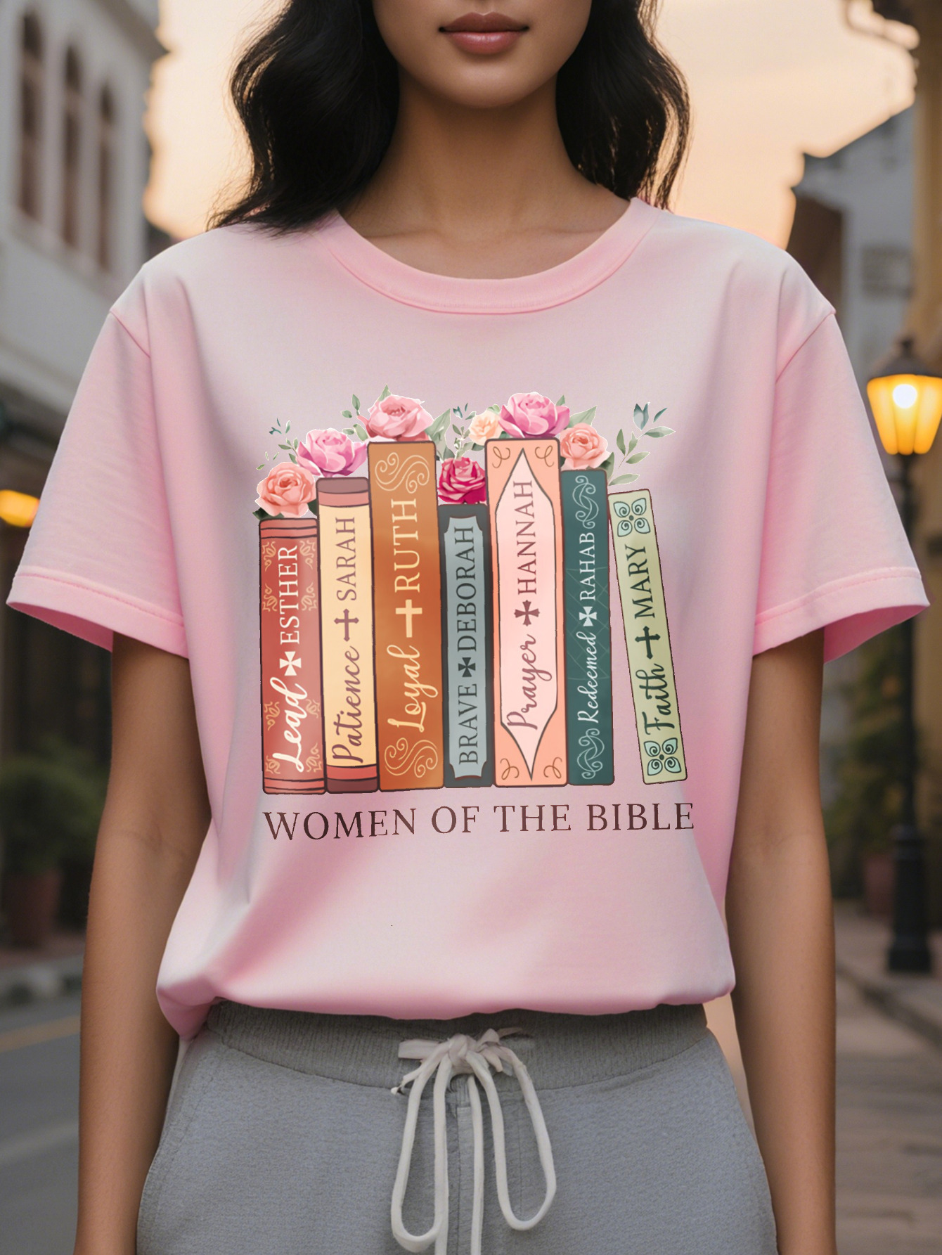 Large XL Pink Cotton Women's Inspirational Women of the Bible Floral Graphic Tee Casual Round Neck Short Sleeve T-Shirt with Book Plus Size