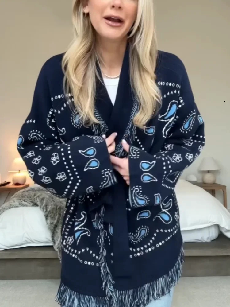 Tassels Patchwork Knitted Printed Cardigans Women Sweater Belts Long Sleeve Vneck Colorful Thicken Fashion Sweaters Autumn 250904