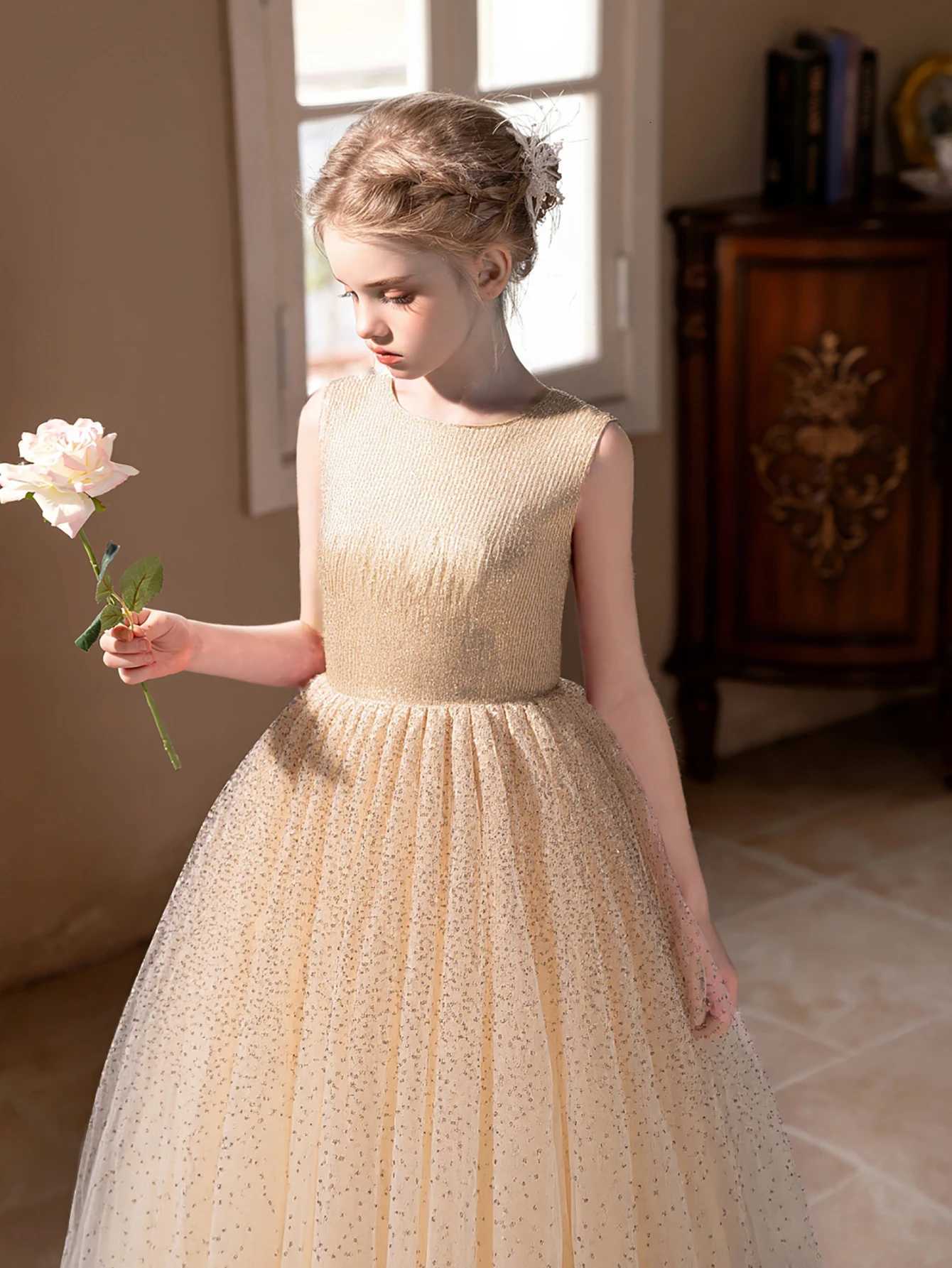 Girl Princess Dress High-end Champagne Sequined Dress for Girls Wedding Birthday Party Puffy Gauze Skirt Bridesmaid Dresses Z250904