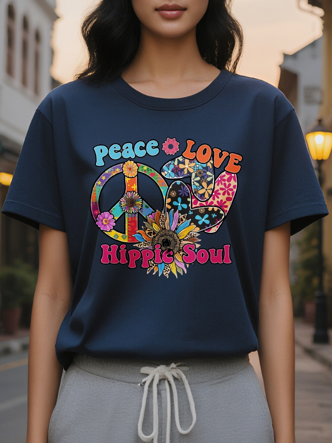 Women s Peace Love Hippie Soul T Shirt Retro Psychedelic Print Short Sleeve Round Neck Summer Casual Top, washable