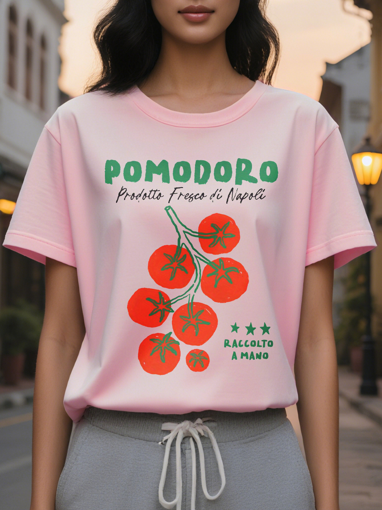 Women's Elegant Summer T-Shirt White Short Sleeve Round Neck Top Bright Tomato Pattern and Italian Products from Naples