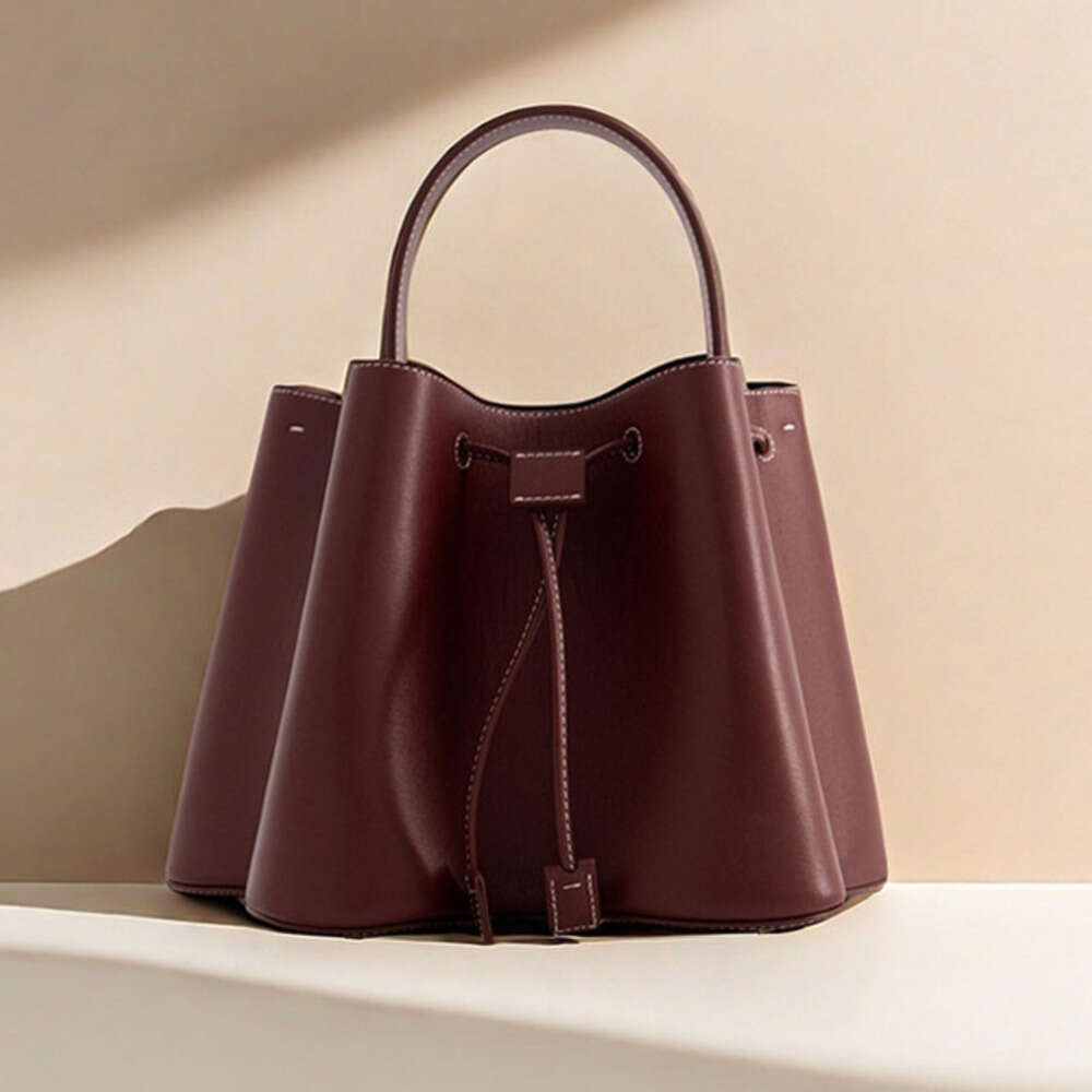 DHEssentials 2025 Women's Fashion Bucket Bag, PU Leather, Drawstring Top, Folded Design, Crossbody/Handheld, Wine Red/Light Brown/White
