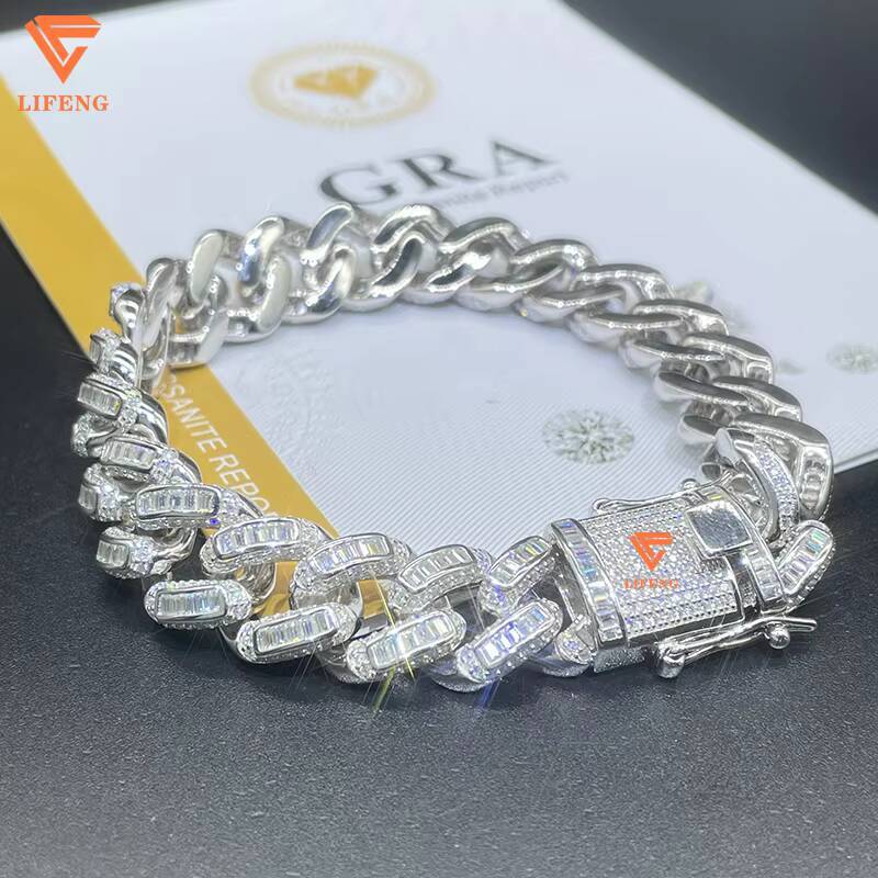 Lifeng Jewelry 14mm VVS Moissanite Baguette Cuban Link Bracelet Ice Out Hiphop S925 Sterling Diamond Bracelet