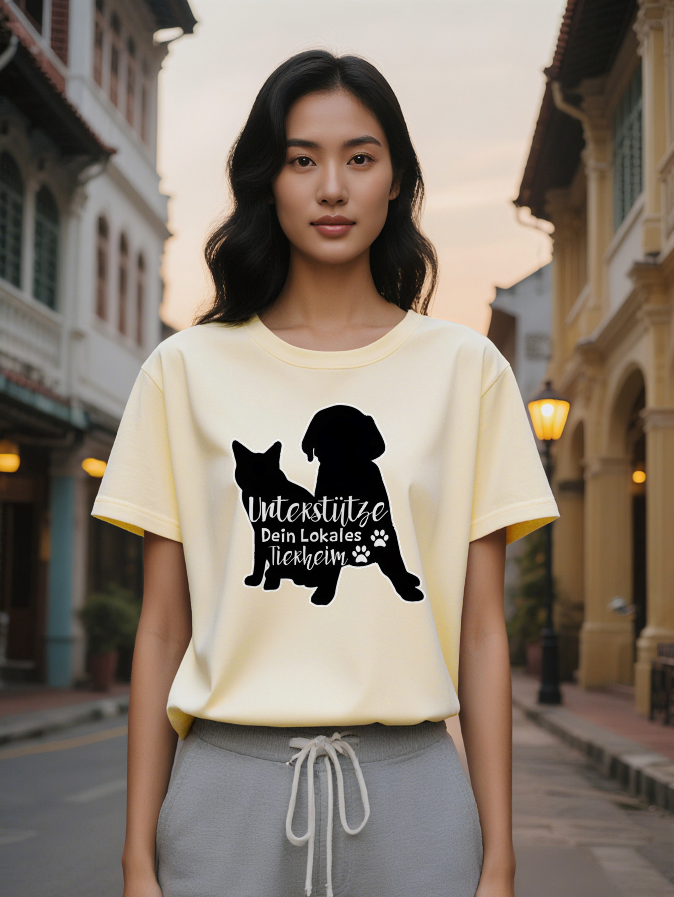 Large XL Women's Casual Crew Neck T-Shirt with Silhouette of Cat and Dog Understripe Print Black Summer Fashion Perfect Gift Plus Size