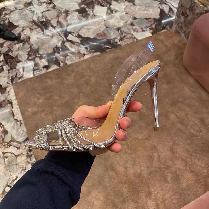 35-43 Plus Size PVC Transpnt Sandals Closed Toe Cross Rhinestone High Designer Shoe Heels New Backless Shallow Sweet Banquet Wedding Shoes