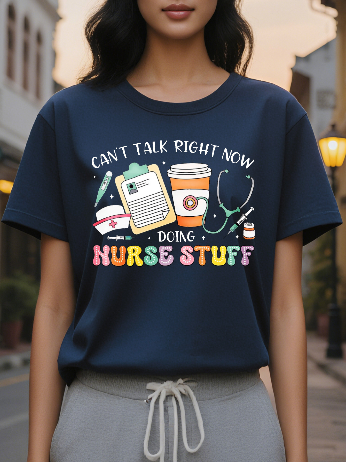 Large XL Tee Breathable Medium Stretch Women's Nurse Themed Graphic T-Shirt Can't Talk Right Now Doing Stuff Slogan with Icons Plus Size