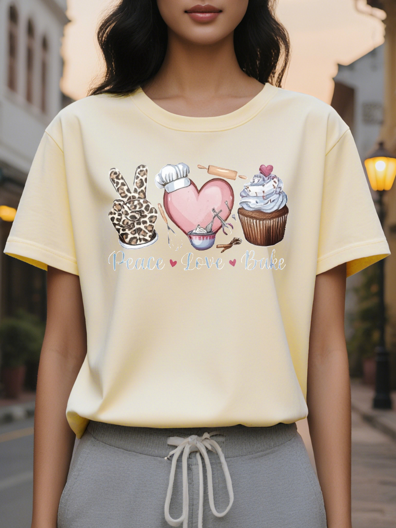 Women's Black Peace Baking Pattern Short Sleeve T-Shirt Button Leopard Love Design Elastic Round Neck Casual Top