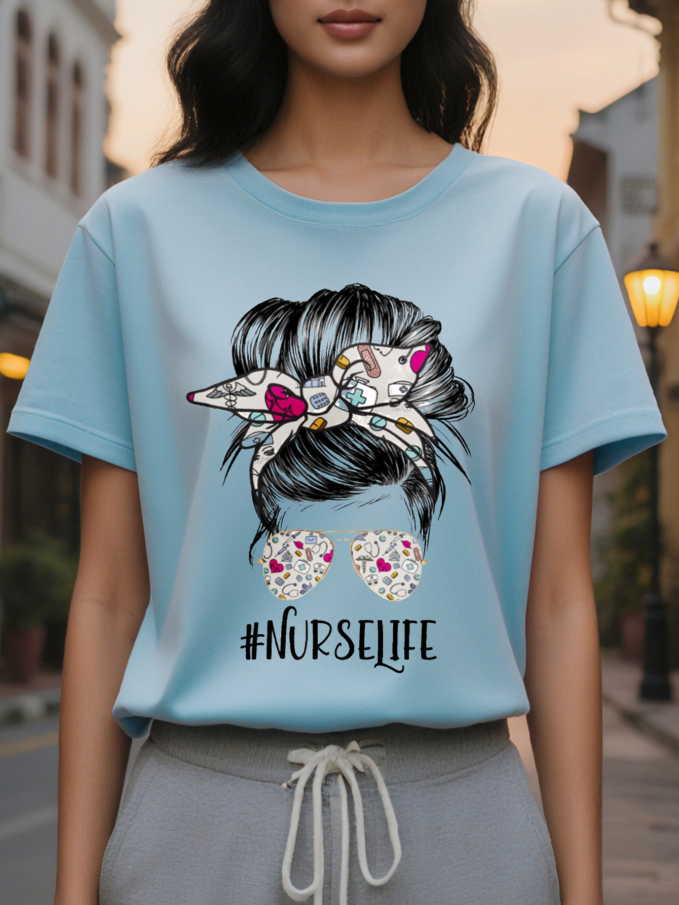 Women's nurse life pattern T-shirt cartoon stethoscope and bow design soft round neck short sleeve breathable top