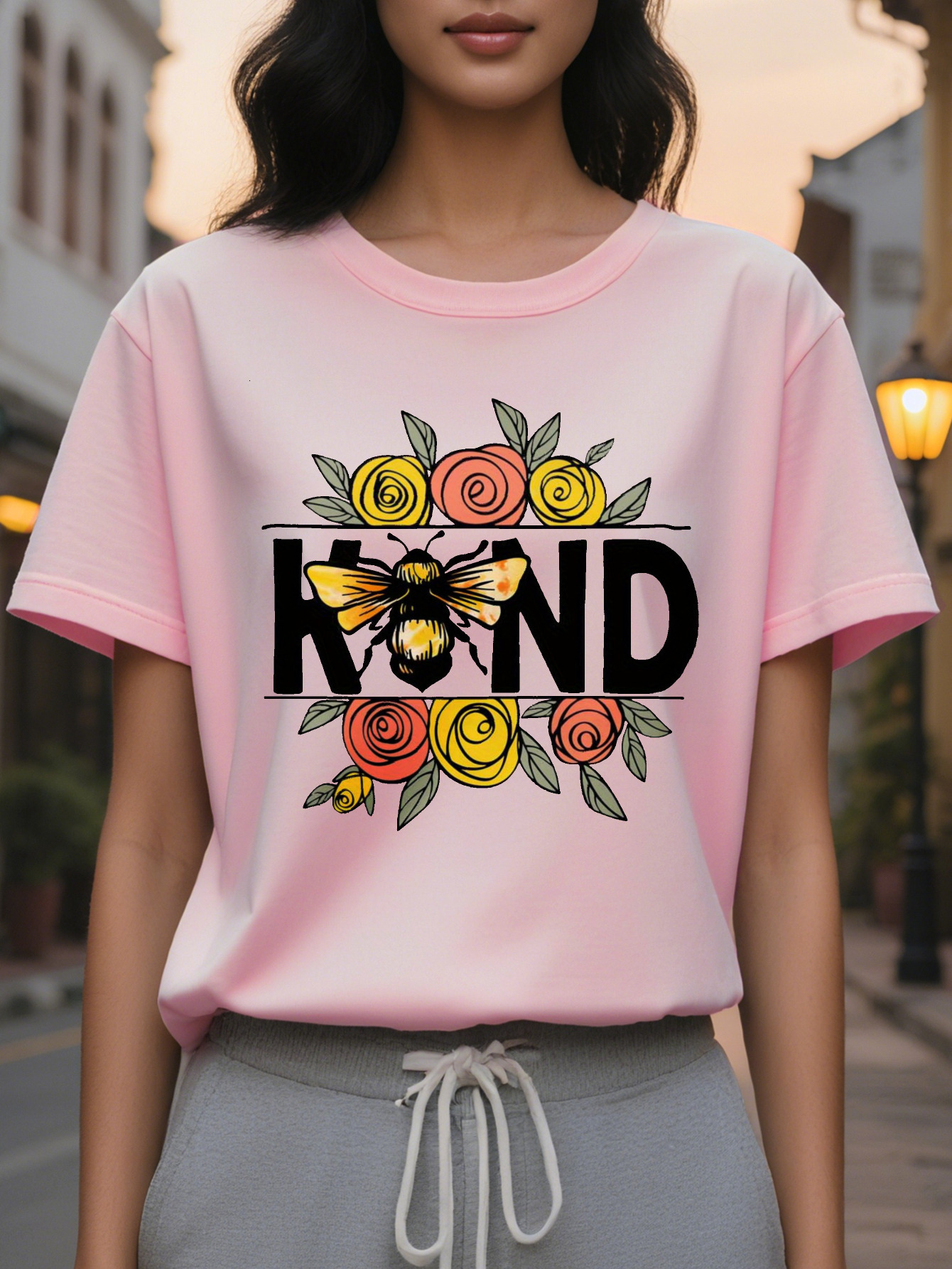 Women's Be Kind T-shirt, white shirt with eye-catching KIND letters, floral decoration, soft for daily summer wear