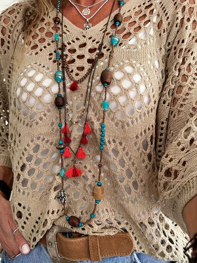 Fashionable and elegant large perforated top womens hollow knit sweater versatile sweater M250904