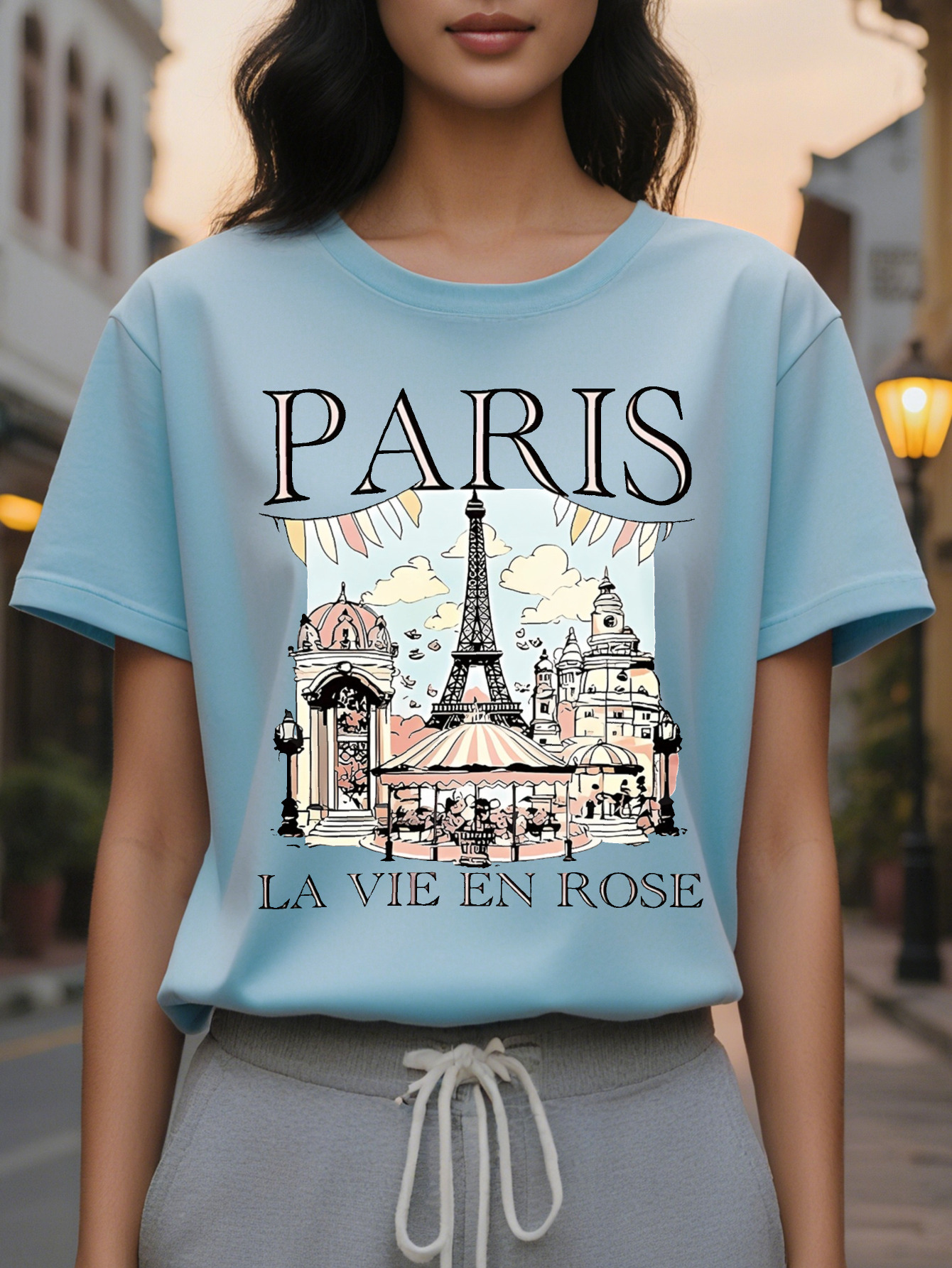 Paris Landmarks Print Fashion T Shirt Cotton Knit Fabric for Women Casual Crew Neck with Eiffel Tower Design All Seasons