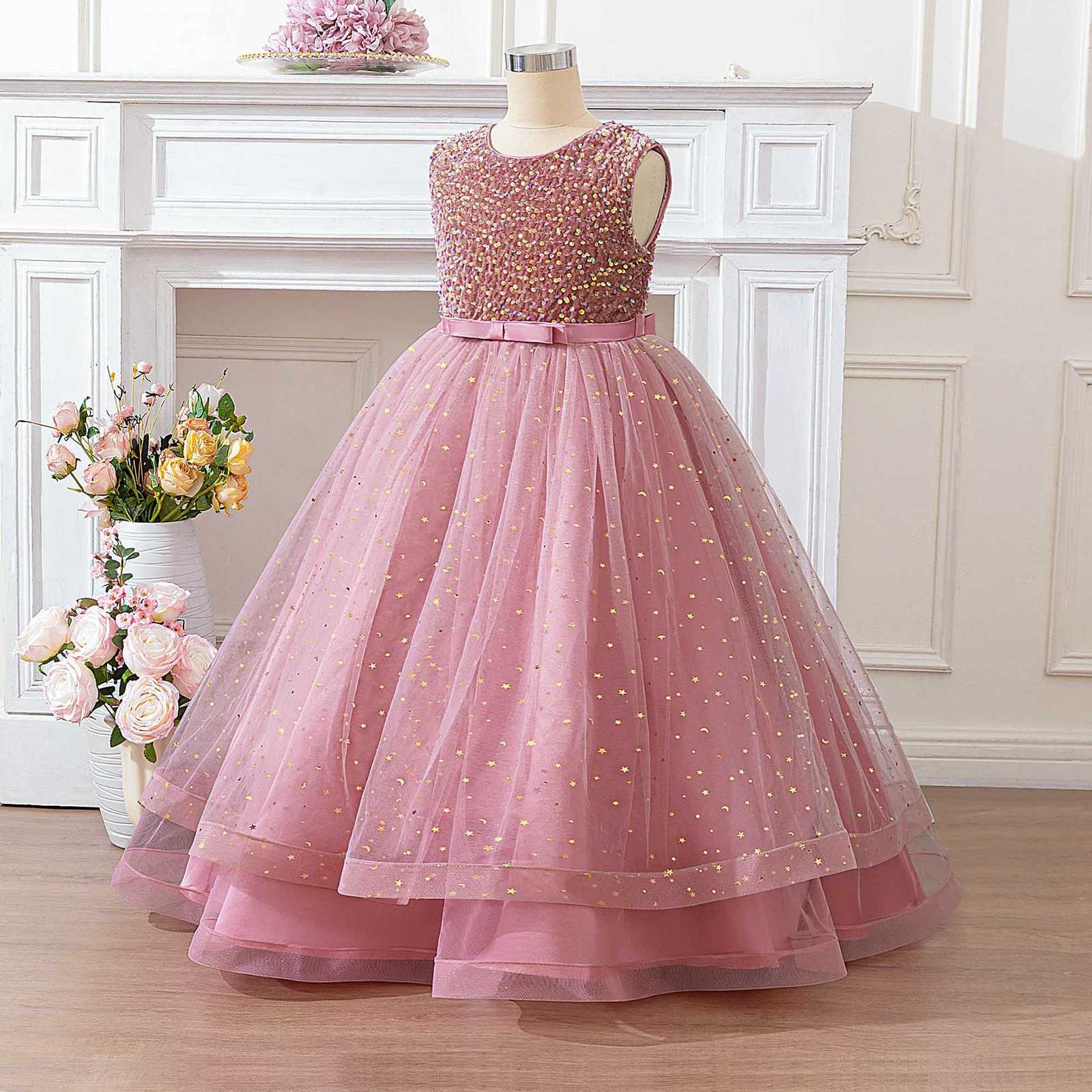 Elegant Bow Sequin Bridesmaid Party Girls Dress Fashion Tulle Wedding Baptism Princess Prom Dress for Girl Birthday Evening Gown Z250904