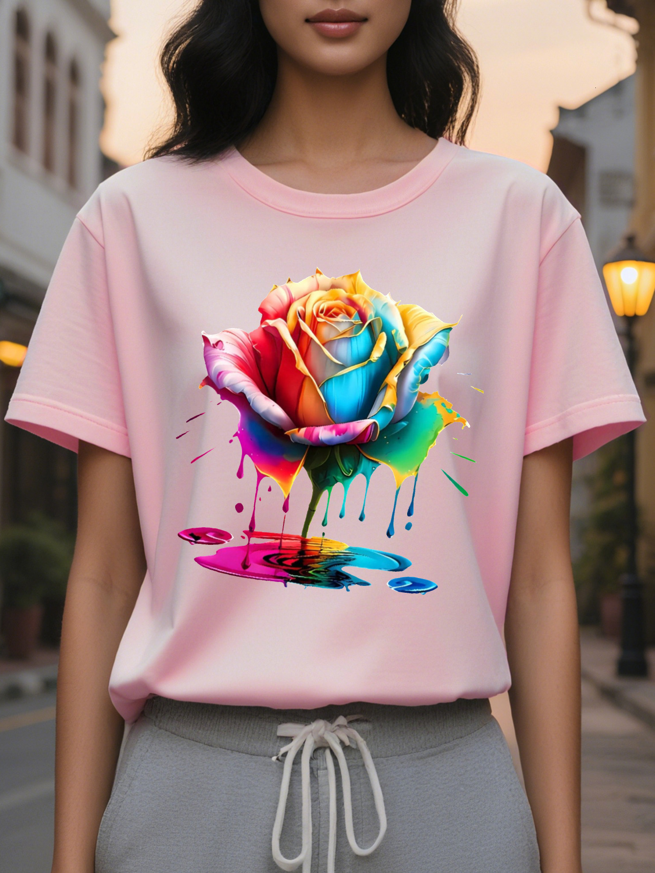 Relaxed Fit Cotton Women s Casual Floral Print T Shirt, Washable, Round Neck, Spring/Summer