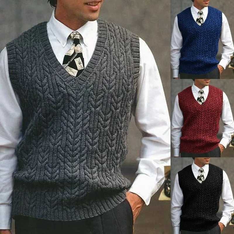 American Vintage Dough Twists Jacquard Knitwear Vneck Sweaters Autumn Winter Men Casual Warm VestXJ250904