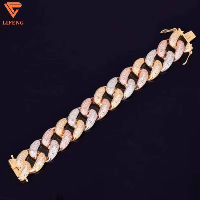 New Design Fashion Jewelry Iced Out 20mm Three Tone Plated Cuban Link Chain Baguette VVS Moissanite Bracelets Hiphop for Women