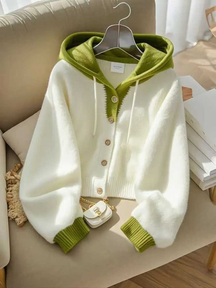 Korean Pink Patchwork Hooded Sweater Women Soft Wool Cashmere Cardigan Sweet Button Knitted Jacket Autumn Winter M250904