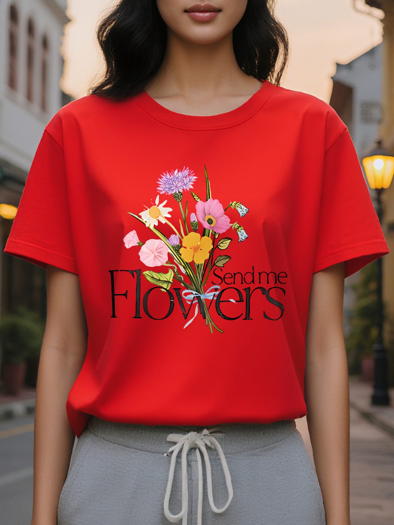 FLOWERS American Printed Pattern Spring and Summer New Fashion Round Neck T-shirt Slim Fit Slimming Women's