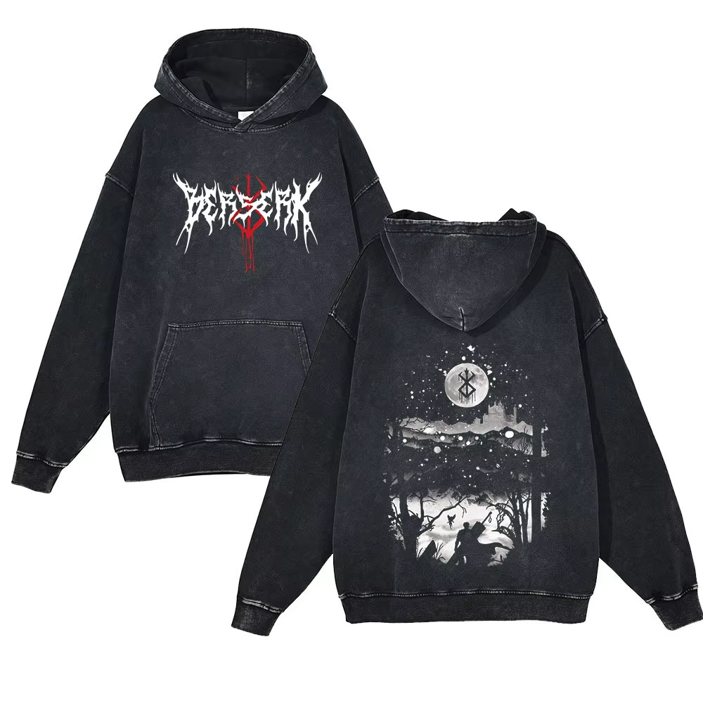 440g Heavyweight Washed Vintage Berserk Sword Art of the Dragon Print Street Retro Hoodie - VT2417