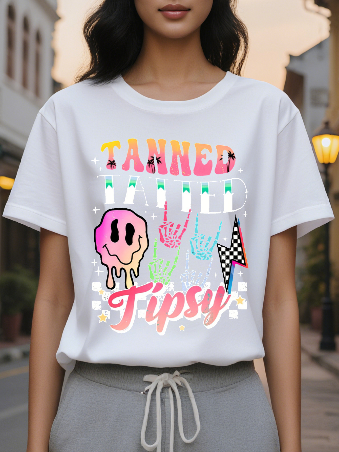 Women s Casual Short Sleeve T Shirt Double Sided Tanne Tattoo Tipsy Graphic Print Black with Colorful Lettering
