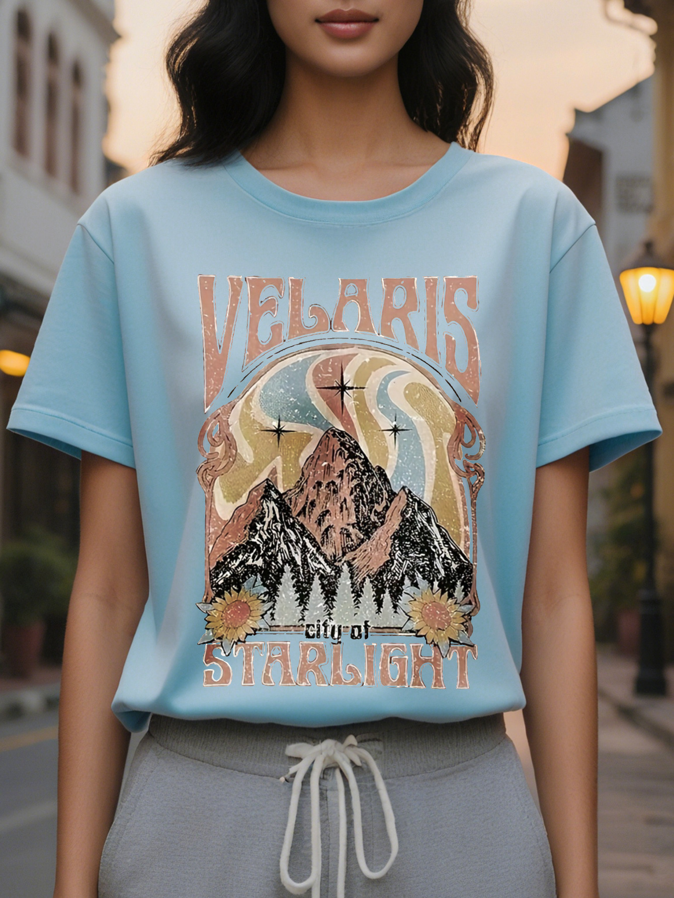 Large XL Mountain Print Crew Neck T-Shirt Casual Short Sleeve Top for Spring Summer Women's Clothing Plus Size