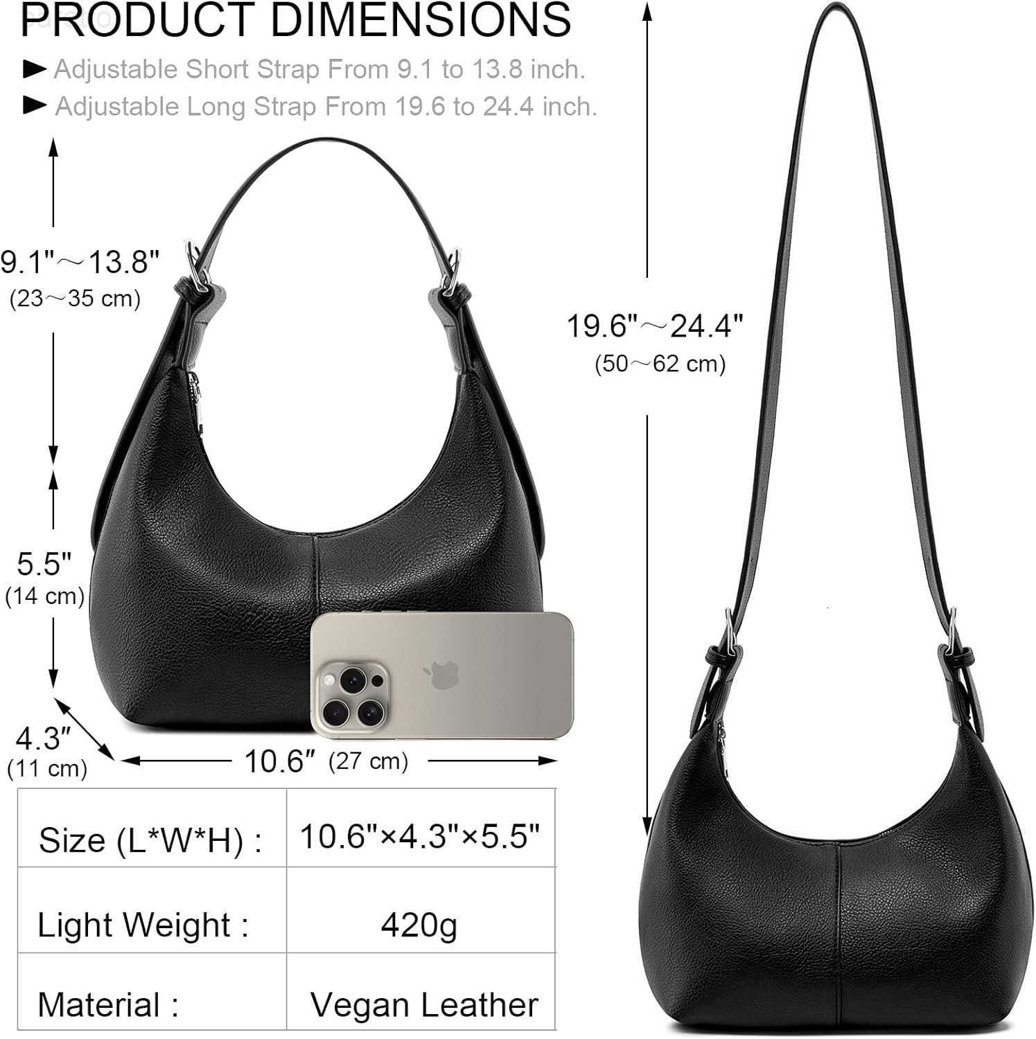 Hobo Bag for Women Soft Vegan Leather Crescent Shoulder Handbag Slouchy Tote Crossbody Purses M250903