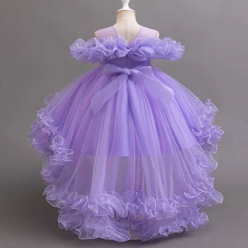 Purple Flower Bridesmaid Princess Dress For Girls Children Costumes Trailing Party Dresses Girls Dress Beaded Wedding Gown Z250904