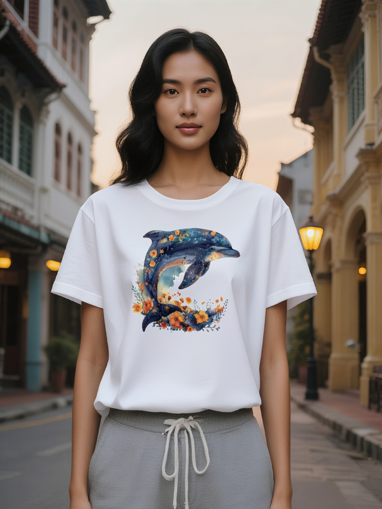 Lady Crew Neck T-Shirt with Vibrant Print Soft Pure Cotton Short Sleeve Summer Style Washable Perfect Gift