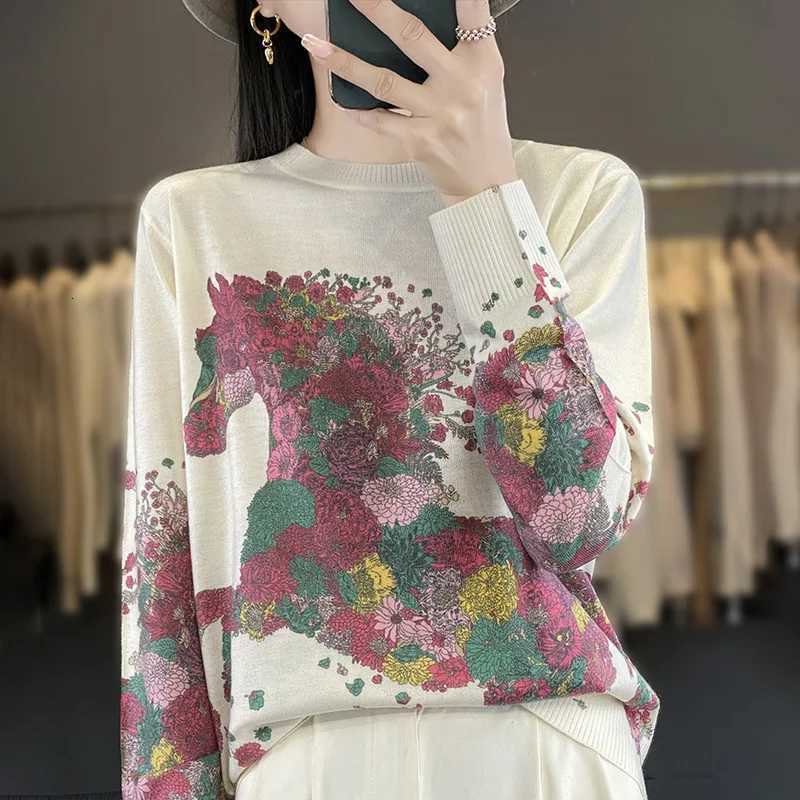 Autumn And Winter New Worsted Wool And Mulberry Silk Printed Round Neck Sweater Fashion Joker Knit Loose Bottoming Shirt Top M250904