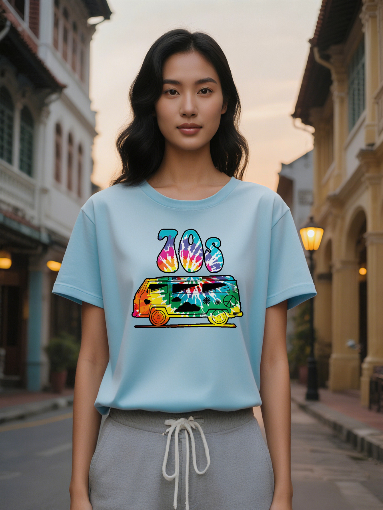 Large XL Women's Casual Short Sleeve T-Shirt with Retro S Van Tie Dye Graphic Print Black Round Neck Summer Top Washable Plus Size