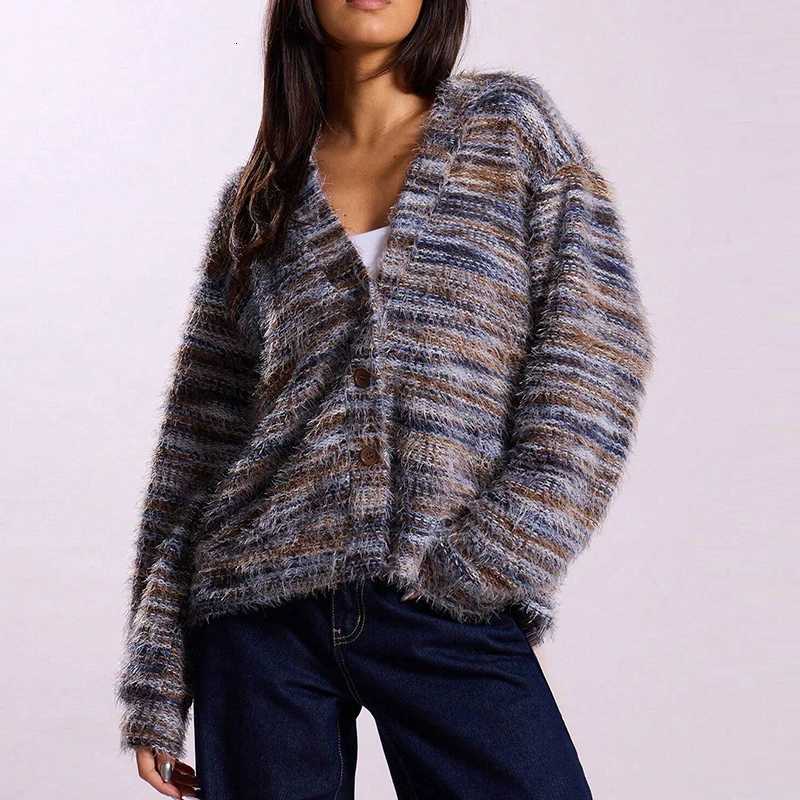 Elegant Knitted Cardigan Sweater Womens Autumn Winter Printed Loose Button Sweaters For Women V Neck Jacket Coat M250904