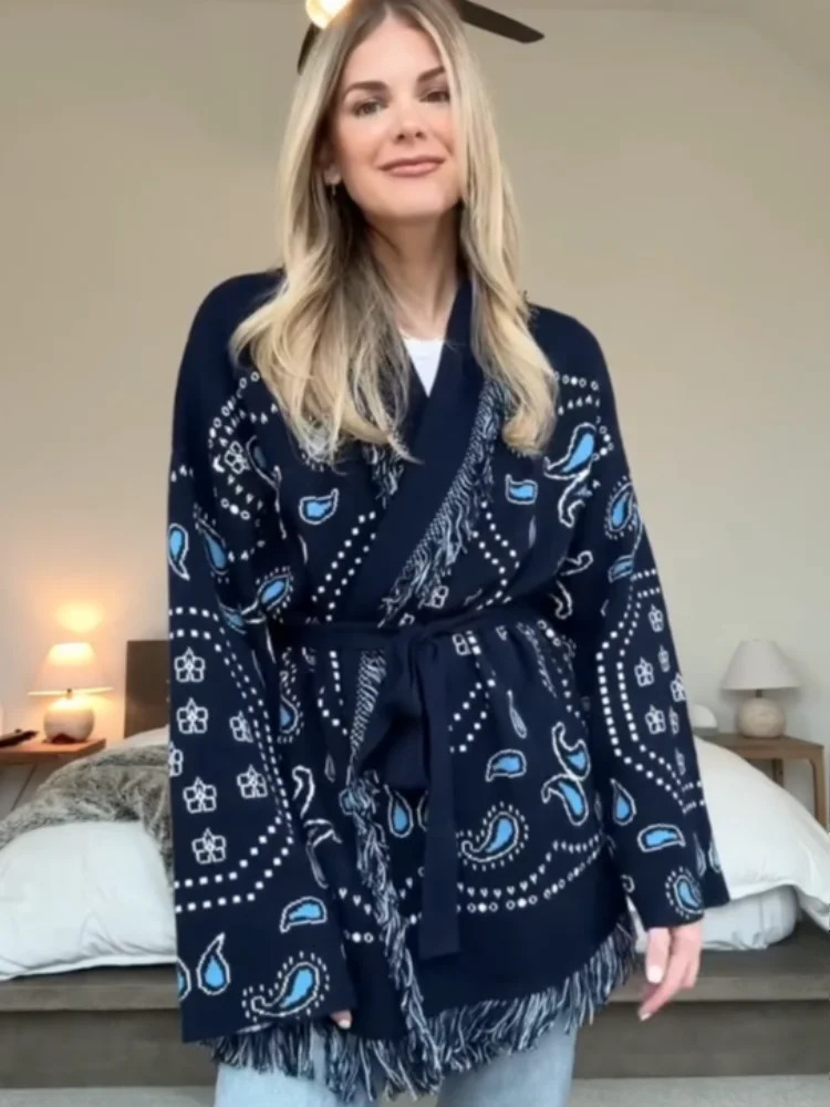 Tassels Patchwork Knitted Printed Cardigans Women Sweater Belts Long Sleeve Vneck Colorful Thicken Fashion Sweaters Autumn 250904