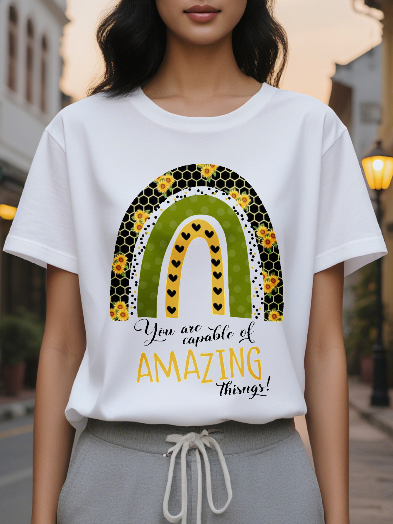 Women's T-shirt with design 'You Have the Ability to Do Amazing Things', featuring a rainbow floral pattern, round neck, and autumn sle