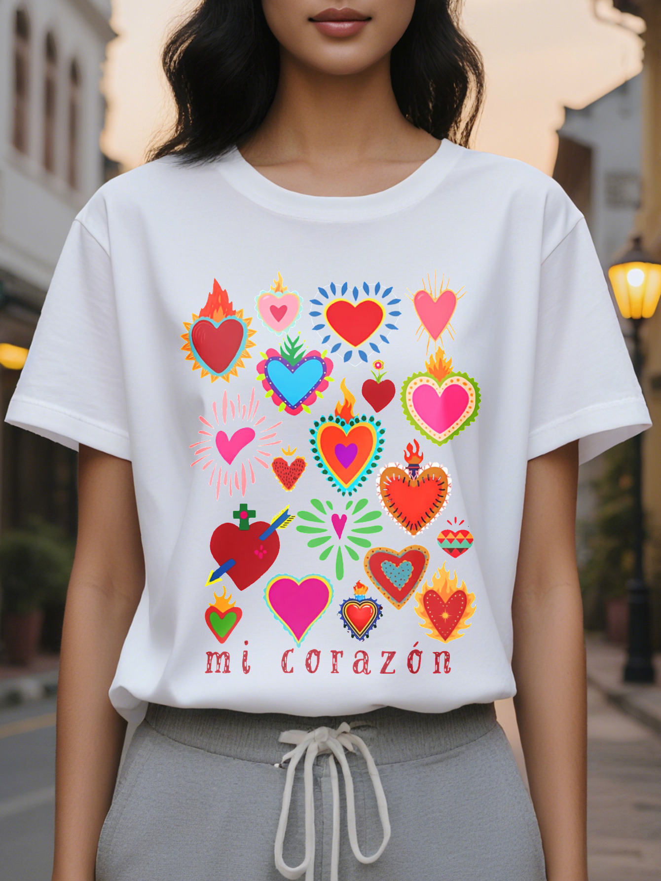 Large XL Women's Casual Short Sleeve Crew Neck T-Shirt Vibrant Purple Mexican Inspired Sacred Heart Spanish Flame Print Mi Plus Size