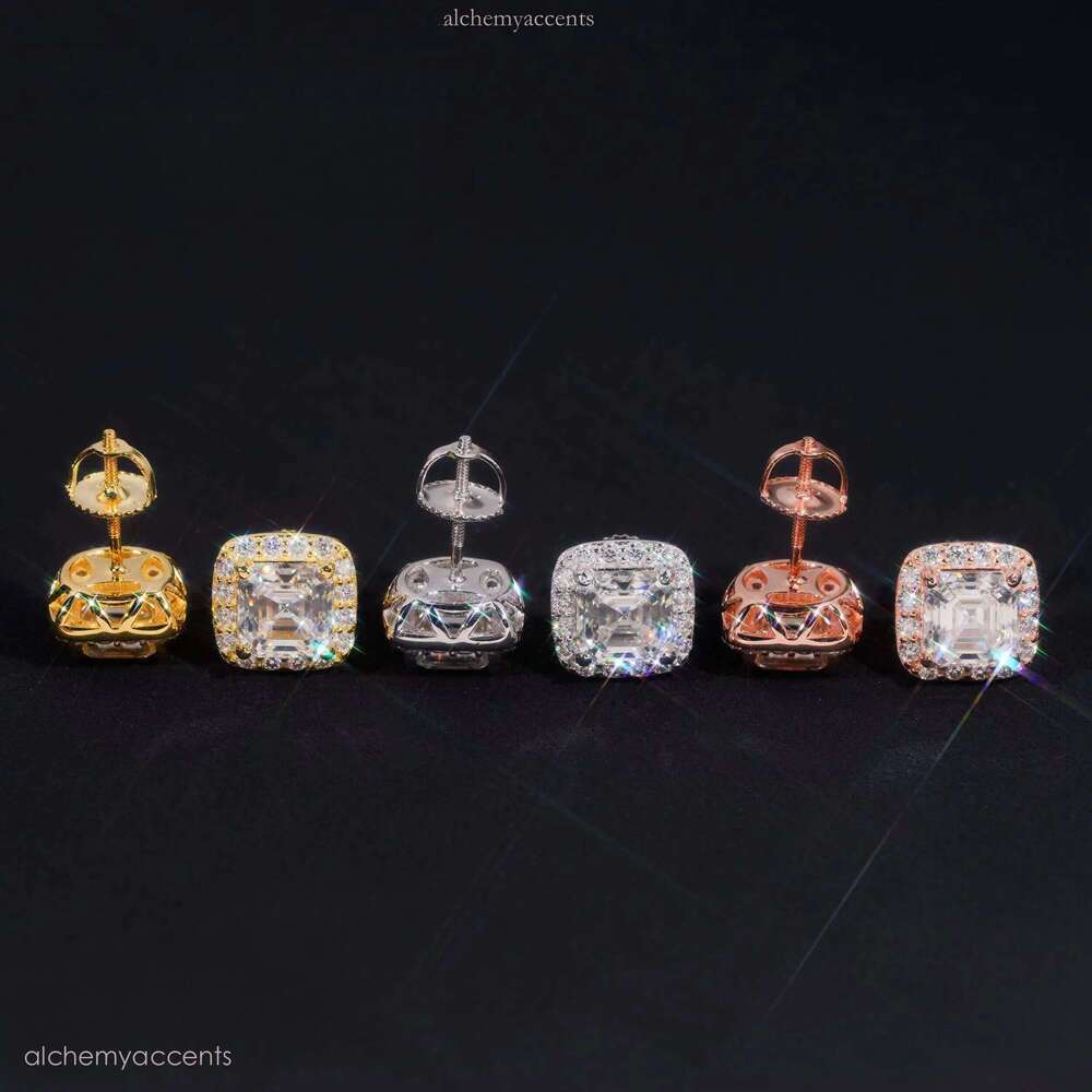 RTS Tester Certified Hip Hop Jewelry Sier Asscher Cut VVS Dia Moissanite Stud Fashion Earrings