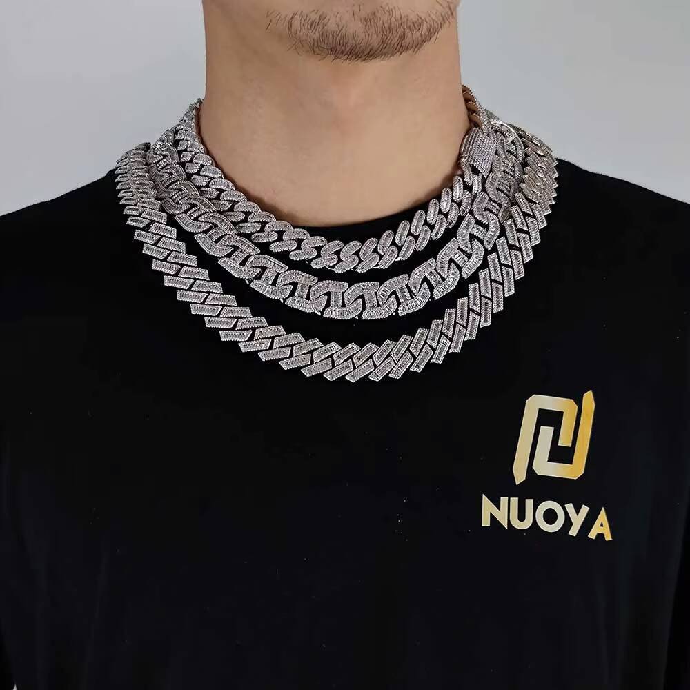 NUOYA Wholesale Hip Hop Jewelry Silver Cuban Chain Necklace Iced Out Diamonds Cuban Link Chain Unisex Gift