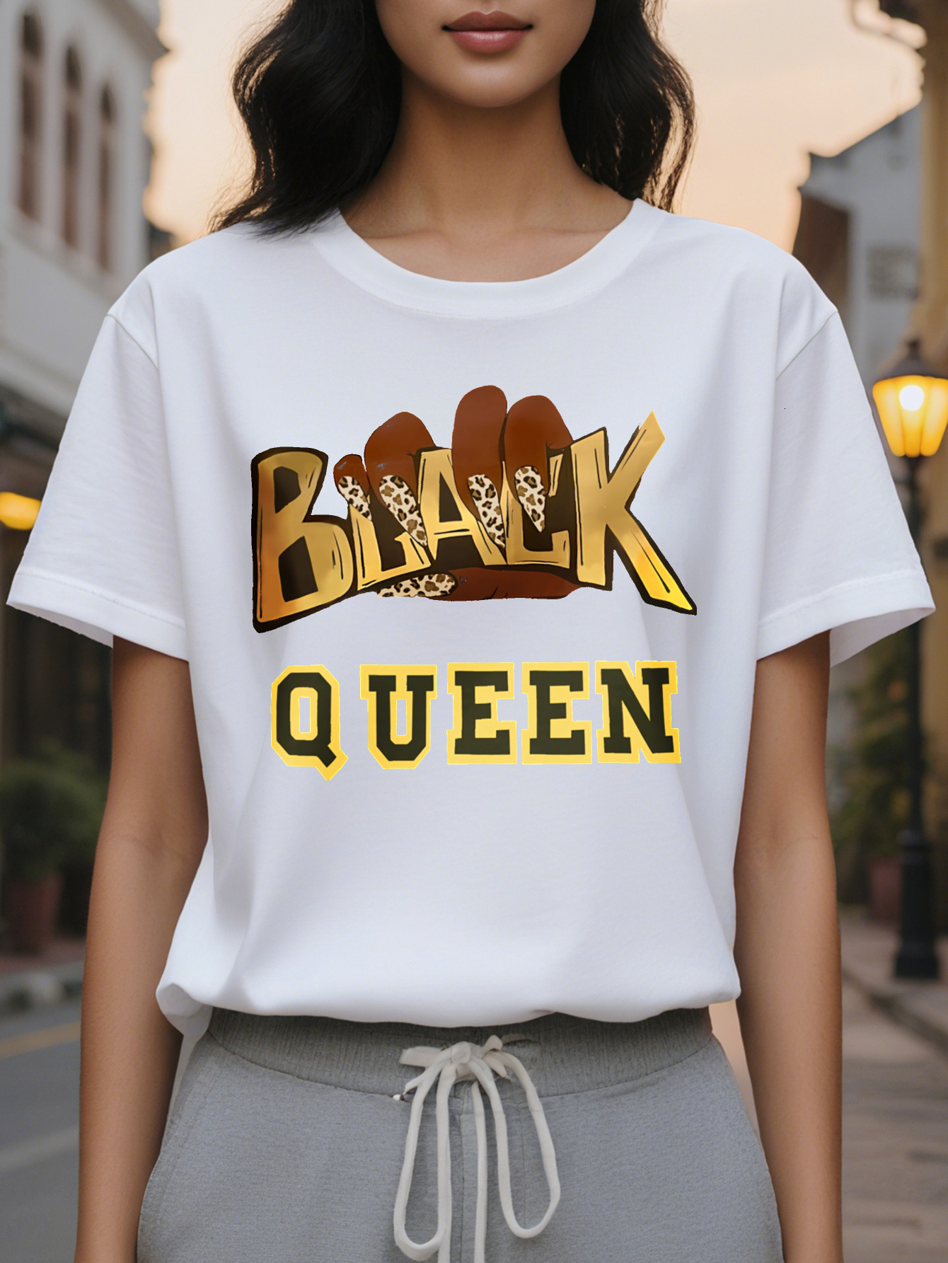 Large XL Women S Black Queen Graphic T-Shirt Beige Crew Neck Tee with Bold Golden Lettering Casual Everyday Formal Outfits Plus Size