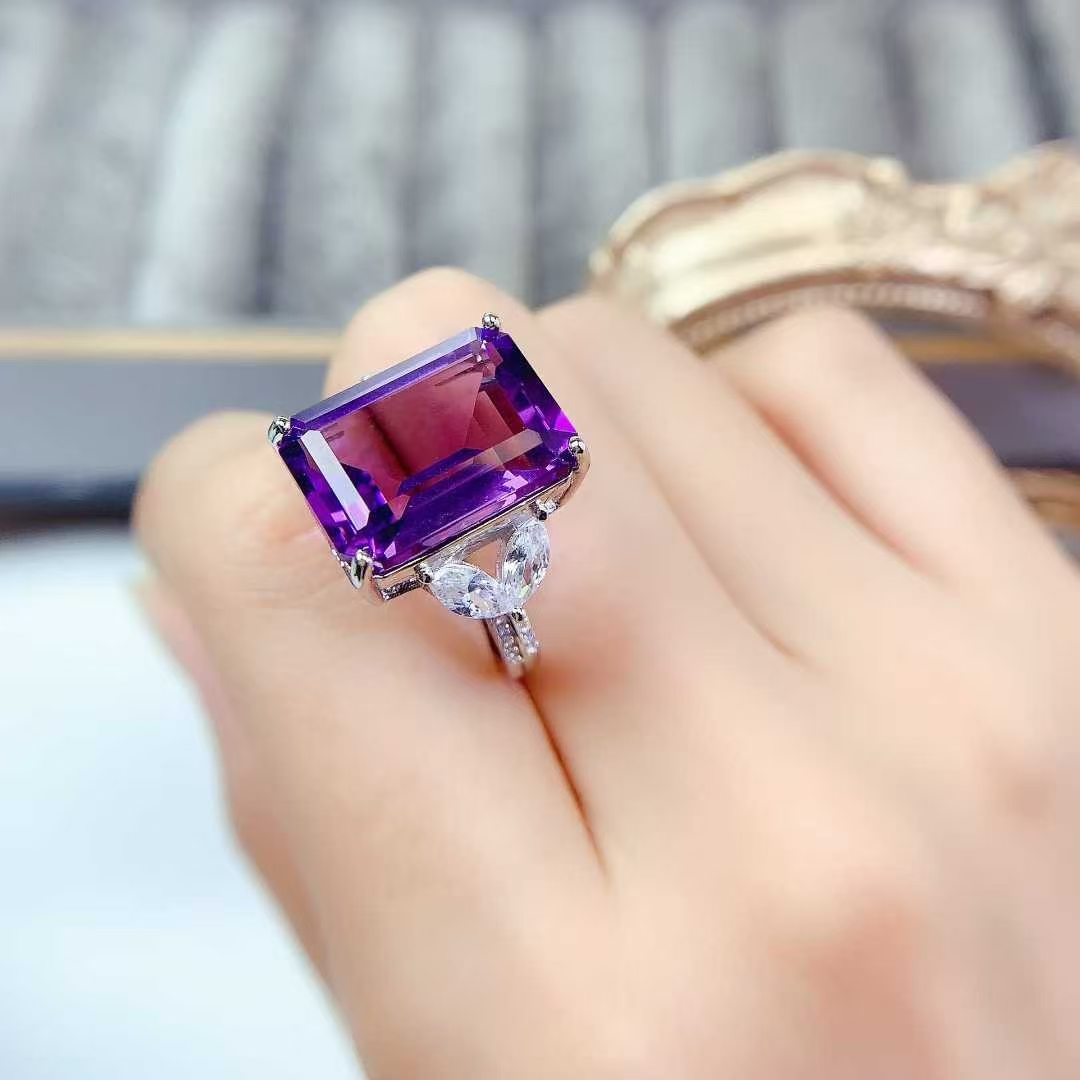 Real 925 silver ring natural amethyst jewelry with certificate 12mm * 16mm 12ct genuine amethyst ring birthday gift for women