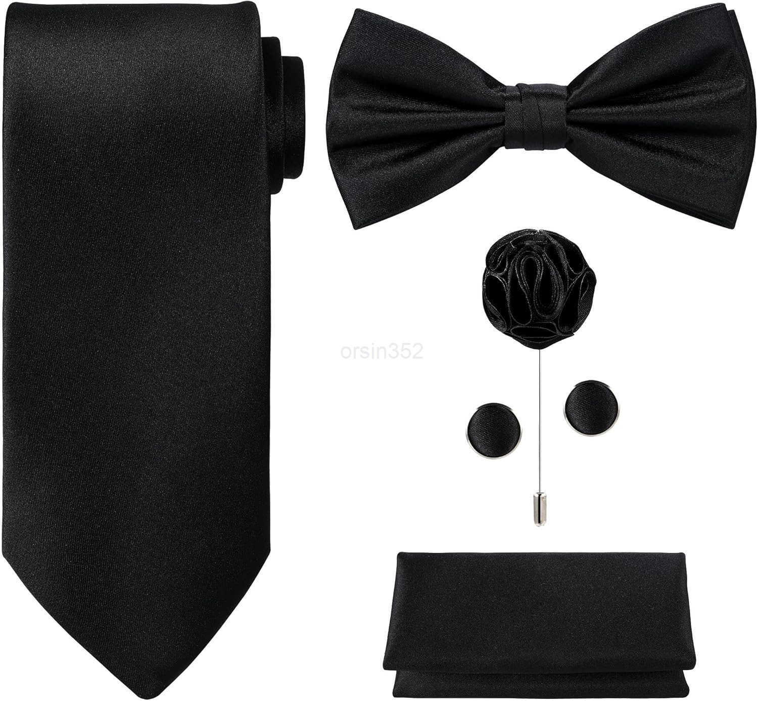 TIE G 5pcs Tie Set in WHITE OR BLACK GIFT BOX Solid Color Necktie Satin Bow Tie Pocket Square Lapel Cuff LinksW250904