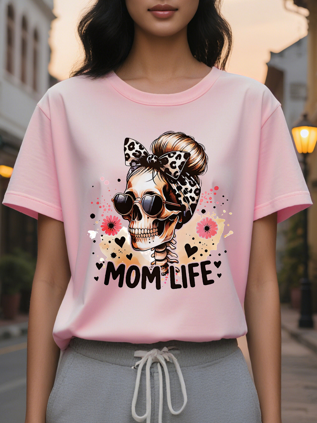Women's Halloween T-shirt Fashion Glasses Skull Leopard Bow Flower Printing MOM LIFE Text Casual Short Sleeve Crew