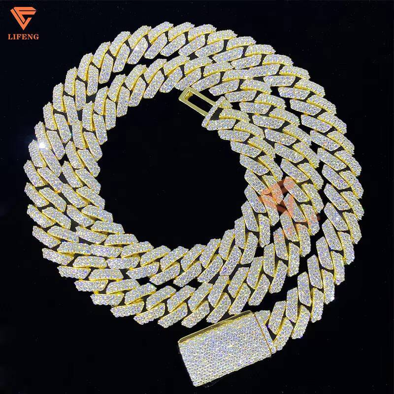 12mm 2row Gold Plated Cuban Link Chain 24in Moissanite Necklace 925 Sterling Silver Miami Jewelry for Men