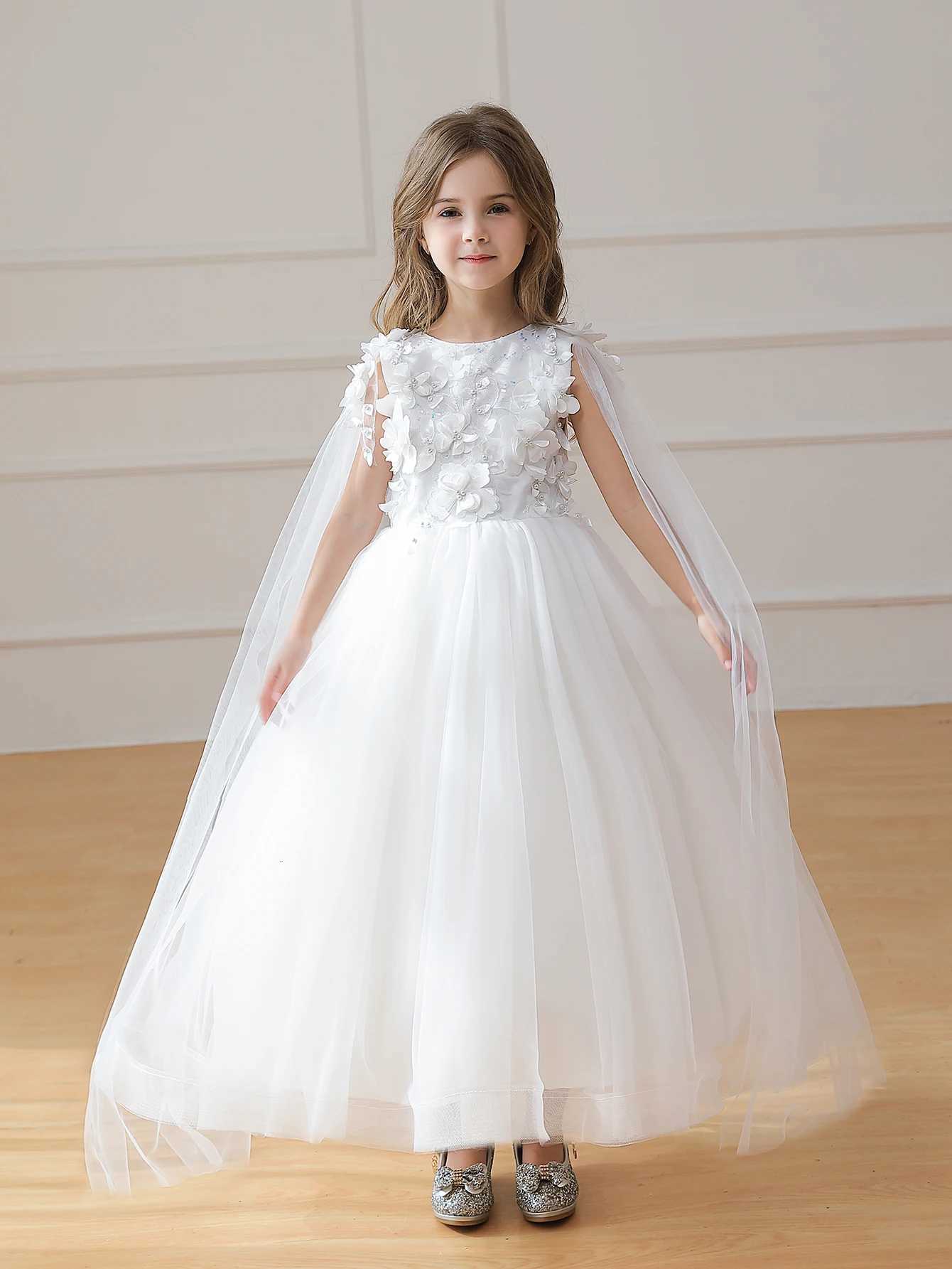 Long White Dress for Girls Draped Design Wedding Flower Girl Dress Suitable for Birthday Parties Girl Costume Z250904