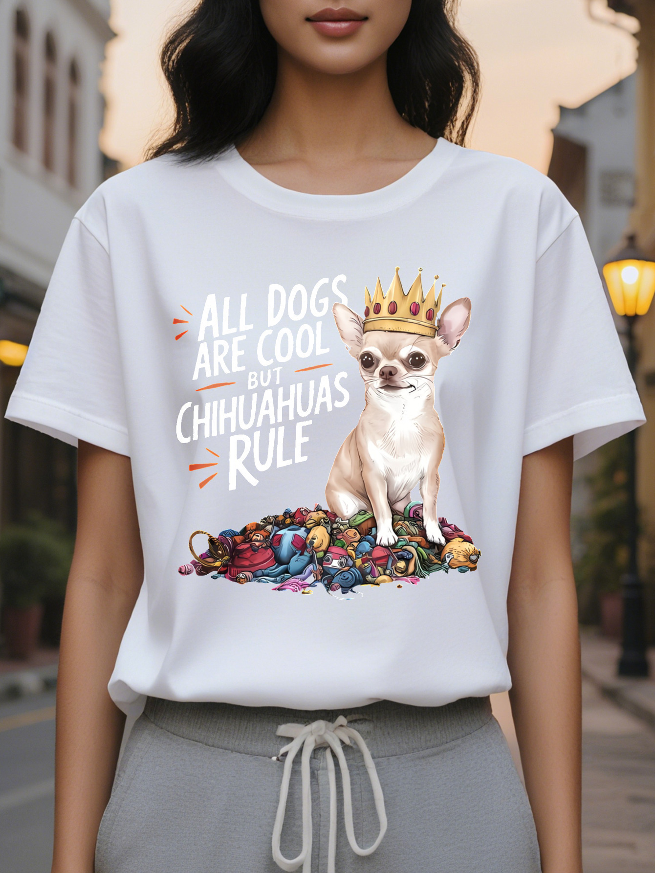 Women S Chihuahua Puppy Print T-Shirt Casual Crew Neck Short Sleeve Top Cotton Knit Fabric Slight Stretch