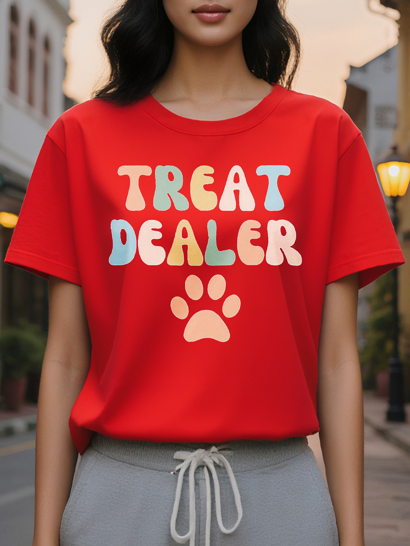 Large XL Casual Crew Neck T-Shirt Women with Treat Dealer Print Cotton Rayon Spandex Blend Knit Fabric Alphabet Pattern Plus Size