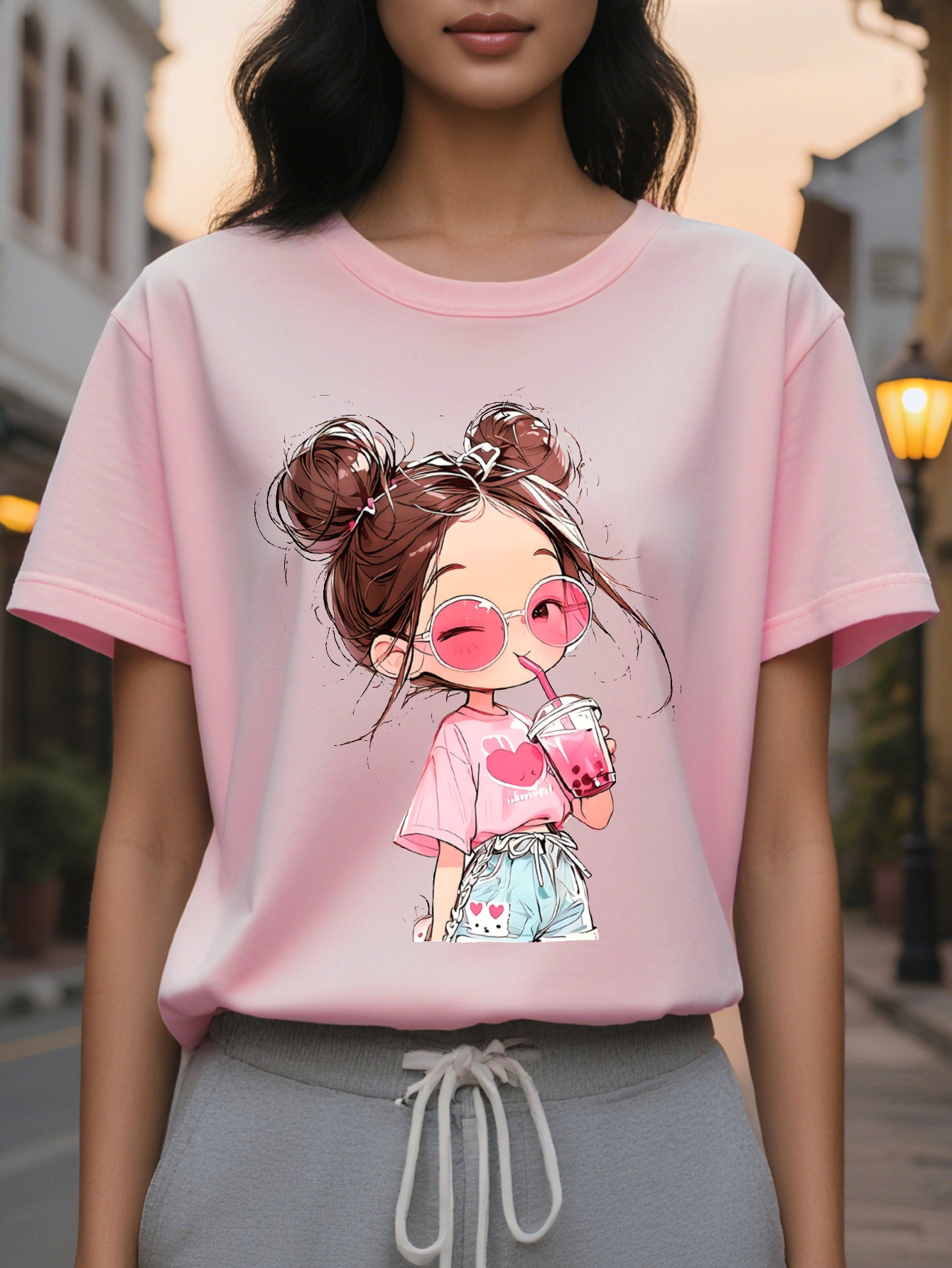 Large XL Women's Short Sleeve T-Shirt Cute Cartoon Print with Heart Glasses Drink Breathable Semi Sheer Round Neck Medium Plus Size