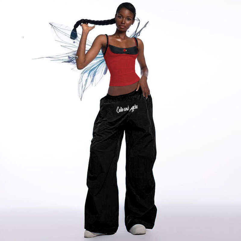 European and American Women's Elastic High Waist Letter Print Loose Casual Street Fashion Simple Versatile Woven Trousers