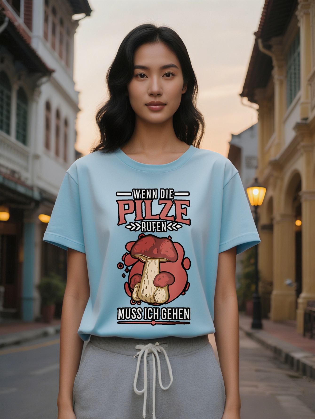 Large XL Graphic T-Shirt with Cartoon Mushroom Print Black Background Red Beige Design Round Neck Summer Tee Washable Plus Size