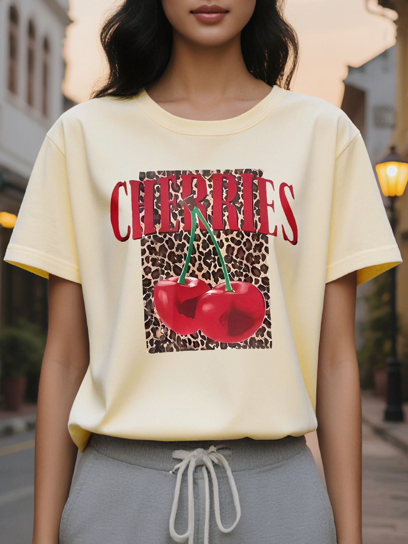 CHERRIES American Style Printed Pattern Fashion Round Neck Short Sleeve T-shirt Spring and Summer New Slim Fit Slimming